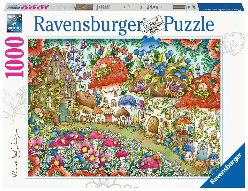 Puzzle 1000 Teile Niedliche Pilzhäuschen in der Blumenwiese 16.997