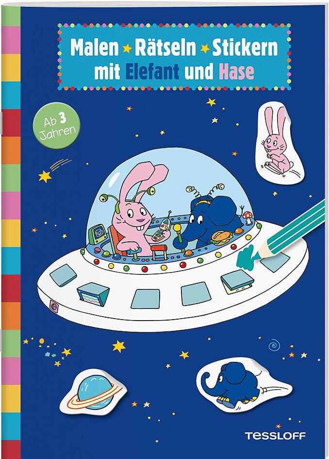 Malen, Rätseln, Stickern mit Elefant und Hase