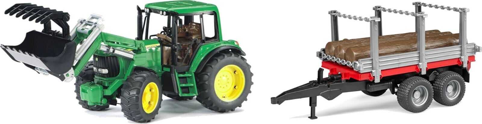 Bruder John Deere mit Frontlader + Hoztransporter 01142