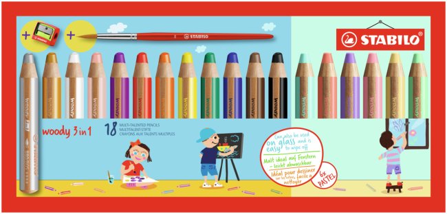 STABILO woody 3 in 1 Multitalent-Stift 18er Kartonetui Pastell mit Spitzer + Pinsel